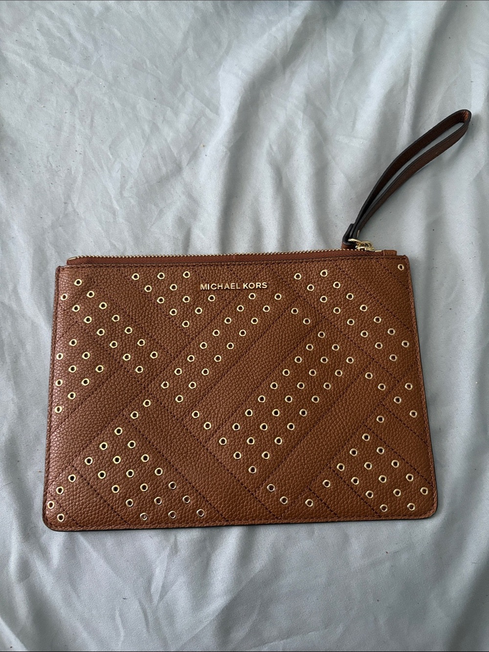 Michael Kors Cognac Brown Leather Wristlet Clutch with Gold Eyelet Accents
